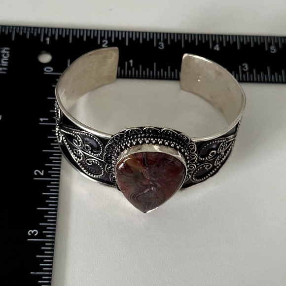 Vintage 925 Sterling Silver Huge Agate Filigree Scroll Wide Chunky Cuff Bracelet - Picture 10 of 15